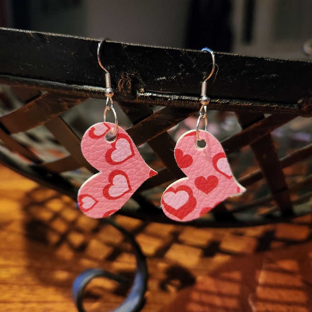 Handmade Pink Heart Faux Leather Earrings